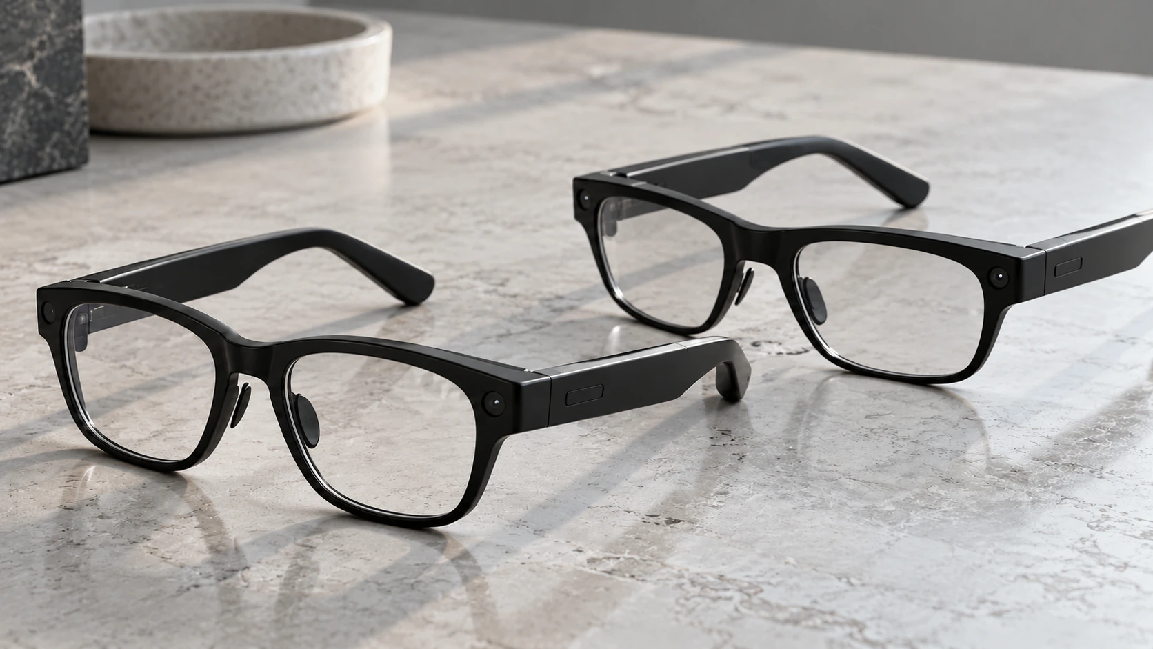 Two matching black, classic-style camera-enabled eyewear frames on a pale stone worktable in soft light, with one pair in front of the other.