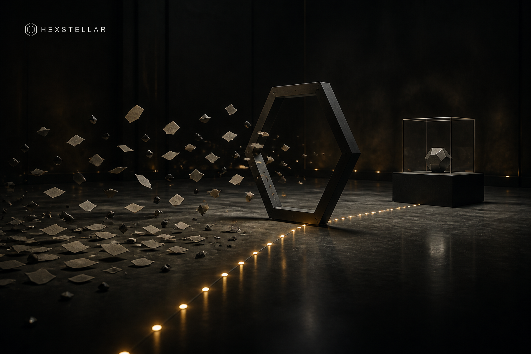Editorial visualization of an AI agent-to-compute handoff: loose fragments cross a dark hexagonal frame toward a precise object sealed in glass.