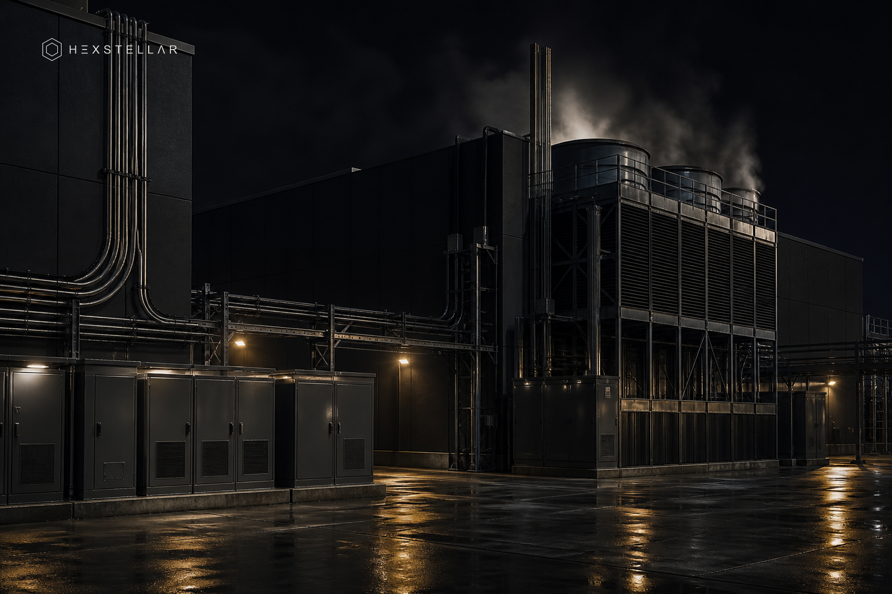Editorial visualization of computing's energy context: a dark data-center exterior at night with electrical cabinets, cooling towers, exposed pipes and wet pavement.