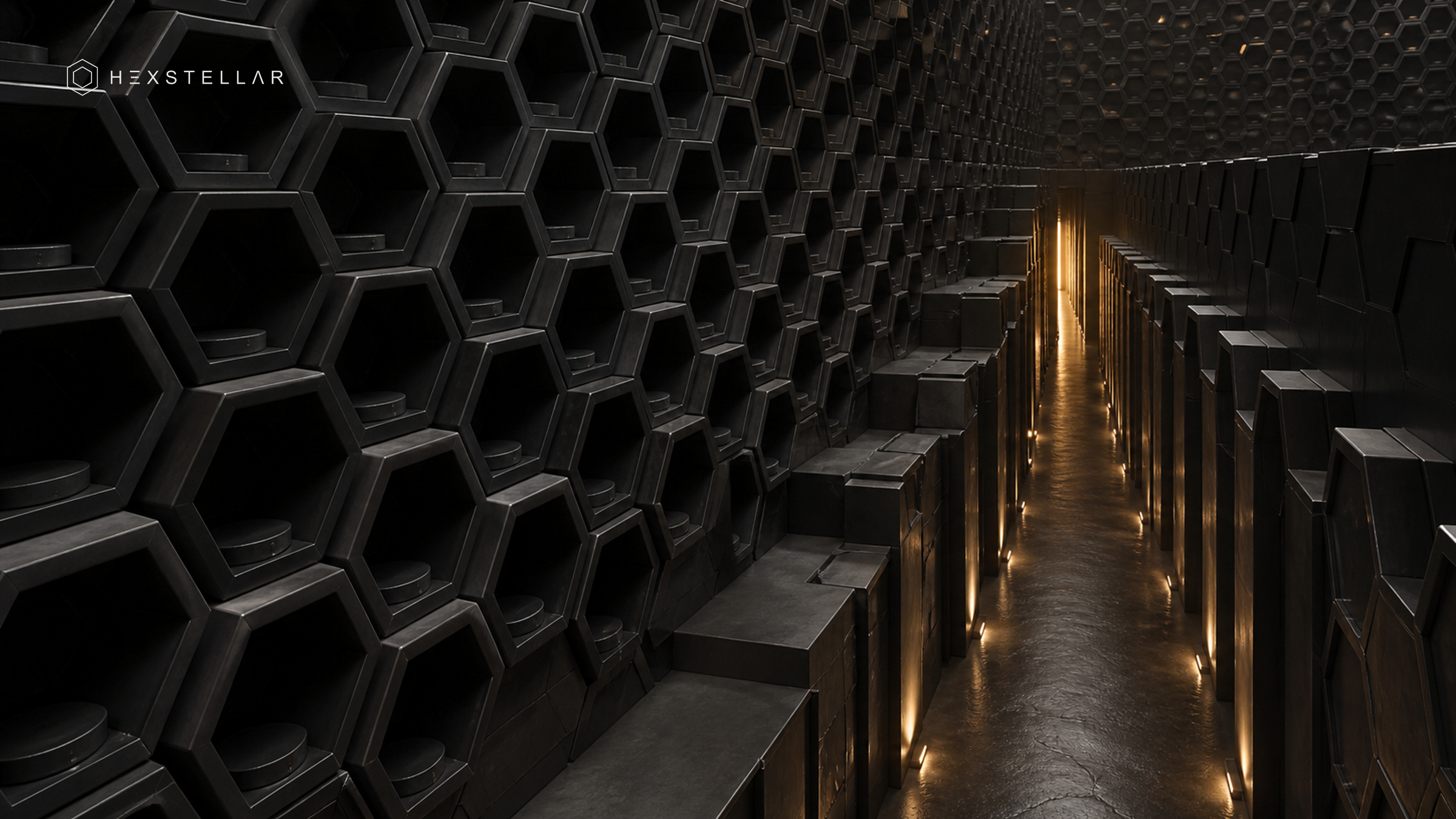Editorial visualization of question debt: thousands of dark hexagonal compartments surround one illuminated corridor through a scientific installation.