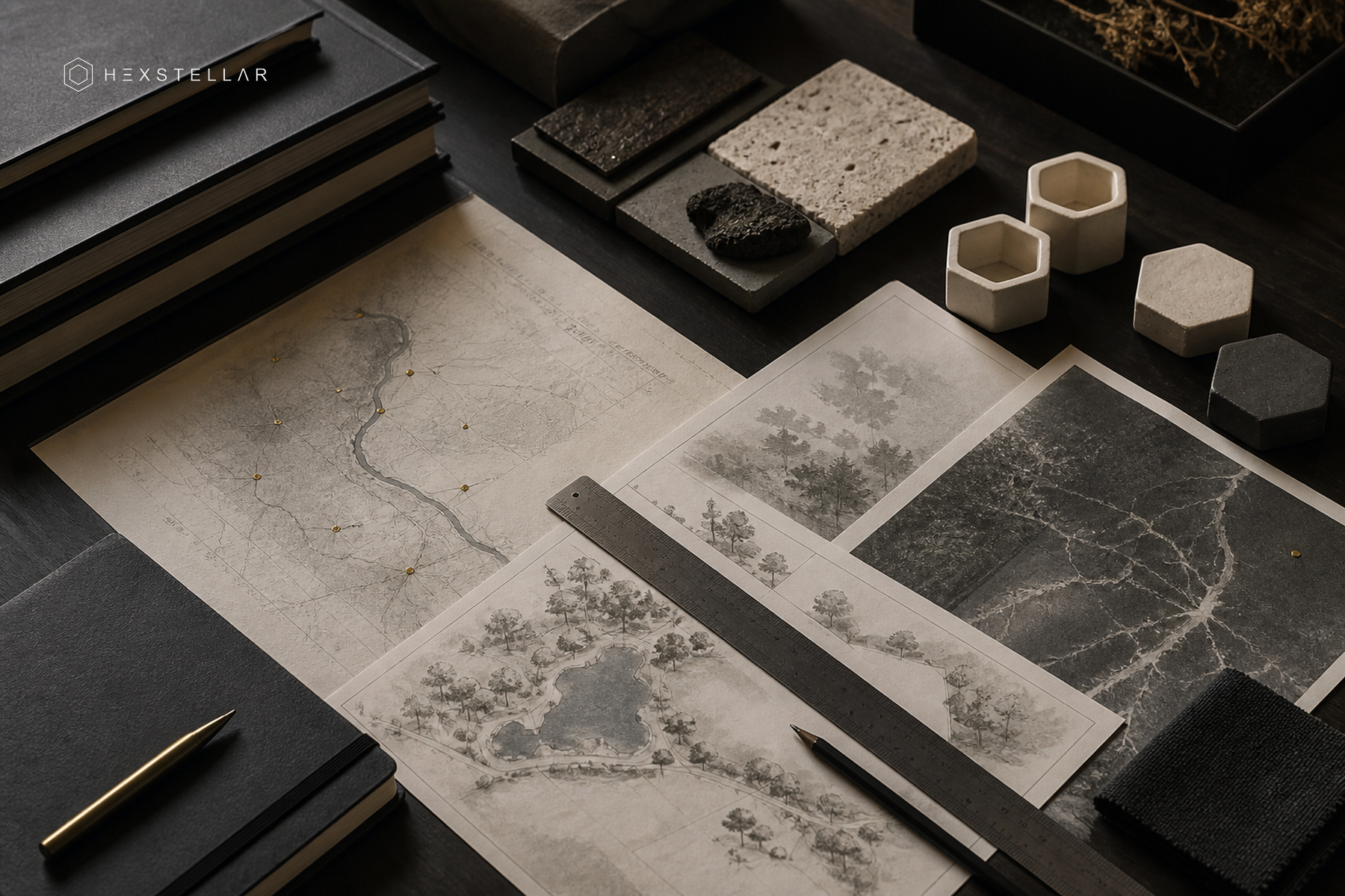 Editorial visualization of HexStellar's Trust Carbon origin: an enterprise worktable with environmental maps, material samples, notebooks and hexagonal forms.