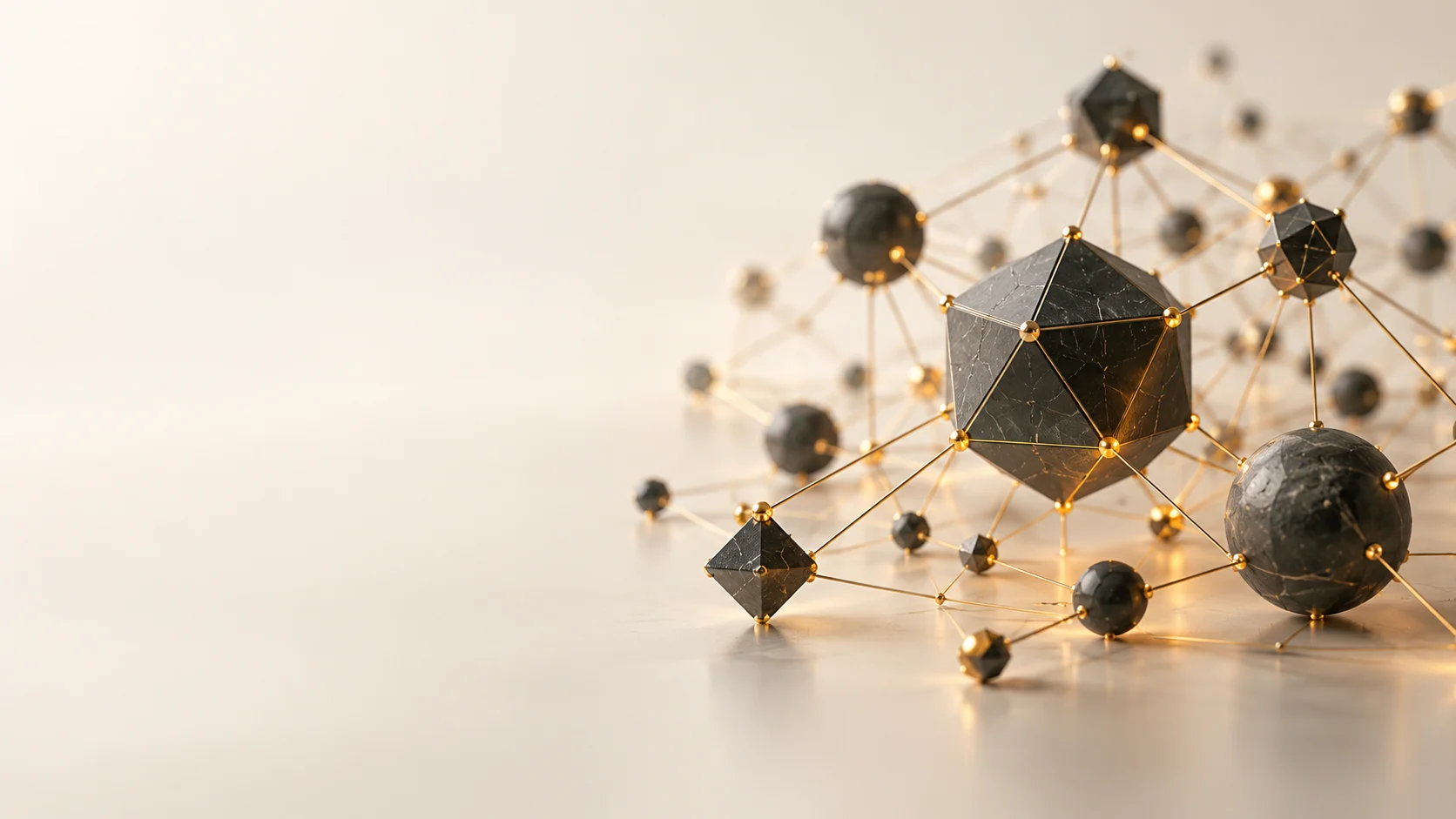 Editorial 3D visualization of connected computational nodes in graphite and amber.